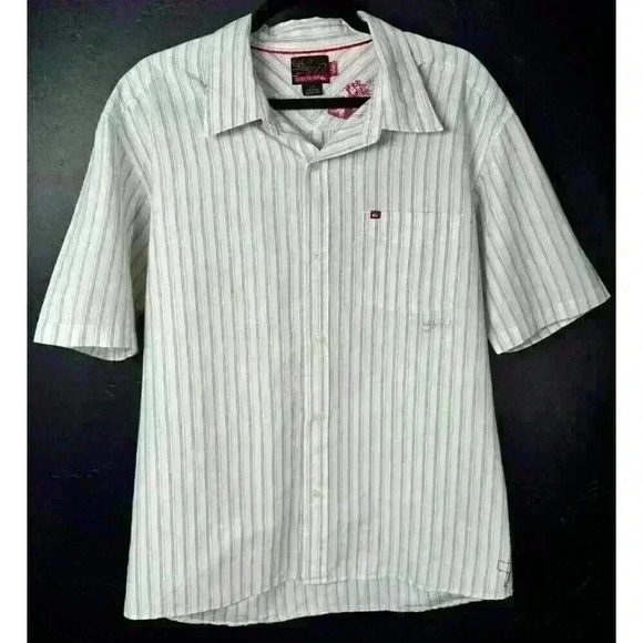 Quicksilver Shirt Men Large White Striped Button Up Casual Beach Surf Slim - Picture 1 of 5